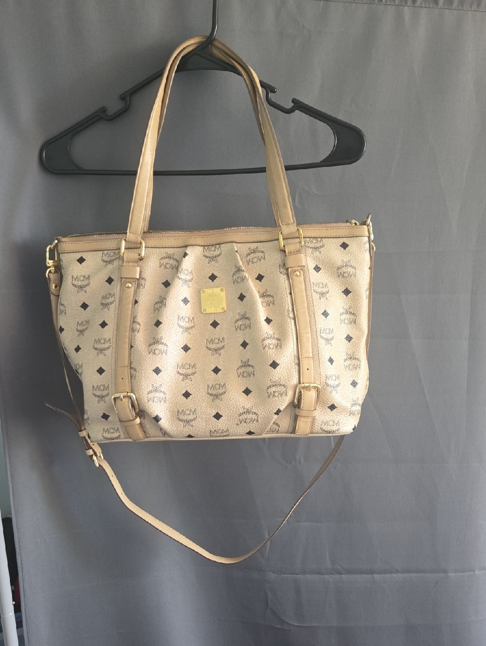 Authentic MCM Visetos Ivory 2 Way Shoulder Tote Crossbody Bag